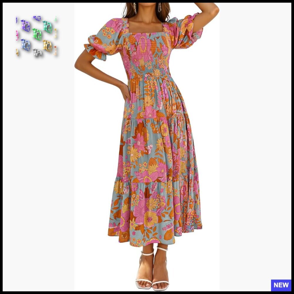 Boho Floral Maxi Dress Square Neck Ruffle Swing Summer Beach Casual Chic - Picture 1 of 7